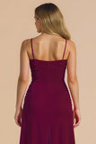 Burgundy Spagheeti Straps Ruched A Line Long Bridesmaid Dress