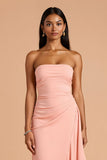 Blush Sheath Strapless Ruffled Long Bridesmaid Dress with Slit
