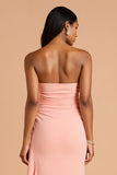 Blush Sheath Strapless Ruffled Long Bridesmaid Dress with Slit