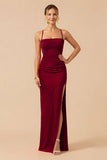 Burgundy Sheath Sapghetti Straps Long Bridesmaid Dress with Slit