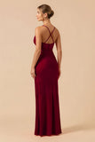 Burgundy Sheath Sapghetti Straps Long Bridesmaid Dress with Slit