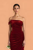 Burgundy Mermaid One Shoulder Velvet Ruched Long Bridesmaid Dress