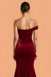 Burgundy Mermaid One Shoulder Velvet Ruched Long Bridesmaid Dress