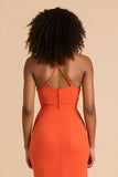 Orange Sheath Ruched Spaghetti Straps Cut Out Maxi Bridesmaid Dress