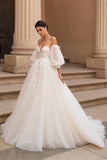 Ivory Tulle Appliqued A Line Sweep Train Wedding Dress