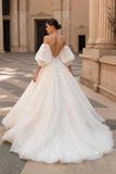 Ivory Tulle Appliqued A Line Sweep Train Wedding Dress