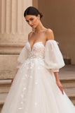 Ivory Tulle Appliqued A Line Sweep Train Wedding Dress
