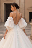 Ivory Tulle Appliqued A Line Sweep Train Wedding Dress