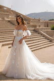 Ivory A Line Off The Shoulder Appliqued Sweep Train Wedding Dress