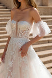Ivory A Line Off The Shoulder Appliqued Sweep Train Wedding Dress