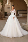 Ivory A Line Long Sleeves Sweep Train Wedding Dress with Lace