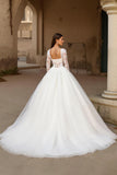 Ivory A Line Long Sleeves Sweep Train Wedding Dress with Lace
