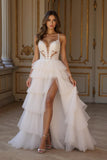 Ivory A Line Tiered Appliqued Sweep Train Wedding Dress With Slit
