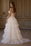 Ivory A Line Tiered Appliqued Sweep Train Wedding Dress With Slit