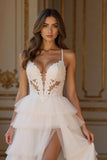 Ivory A Line Tiered Appliqued Sweep Train Wedding Dress With Slit