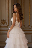 Ivory A Line Tiered Appliqued Sweep Train Wedding Dress With Slit