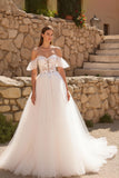 Ivory A Line Off The Shoulder Sweep Train Wedding Dress With Appliques
