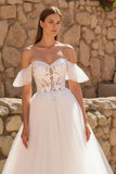 Ivory A Line Off The Shoulder Sweep Train Wedding Dress With Appliques