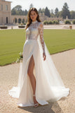 Ivory A Line High Neck Sweep Train Wedding Dress With Lace