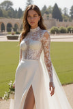 Ivory A Line High Neck Sweep Train Wedding Dress With Lace