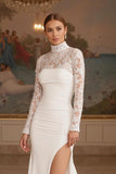 Ivory High Neck Long Sleeves Sweep Train Wedding Dress With Slit