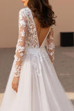 Ivory A-Line V-Neck Long Sleeves Court Train Wedding Dress With Lace