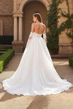 A Line Ivory Strapless Corset Sweetheart Tulle Court Train Wedding Dress With Lace