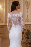 Mermaid White Illusion Neck Long Sleeves Court Train Wedding Dress With Lace