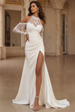 Ivory Mermaid Halter Ruched Court Train Wedding Dress With Lace Appliques