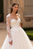 Ivory A Line Square Neck Long Sleeves Corset Court Train Wedding Dress With Lace Appliques