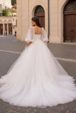 Ivory A Line Square Neck Half Sleeve Tulle Court Train Wedding Dress