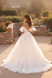 Ivory A Line Off The Shoulder Flutter Sleeve Court Train Wedding Dress With Lace