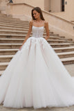 Ivory Tulle Corset A Line Appliqued Sweep Train Wedding Dress