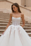 Ivory Tulle Corset A Line Appliqued Sweep Train Wedding Dress