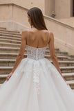 Ivory Tulle Corset A Line Appliqued Sweep Train Wedding Dress