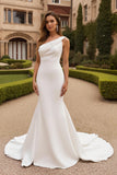 One Shoulder Mermaid Stretch Satin Long Ivory Wedding Dress