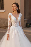 V Neck Lace Ivory Tulle A Line Long Wedding Dress With Long Sleeves