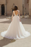 Ivory Tulle A Line V Neck Lace Long Wedding Dress With Long Sleeves