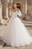 Square Neck Cold Shoulder A Line Tulle Wedding Dress