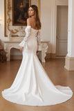 Ivory Mermaid Satin Off The Shoulder Sweep Train Wedding Dress with Lace