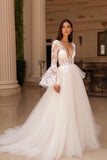 Ivory Tulle A Line V Neck Flare Sleeves Sweep Train Wedding Dress with Lace
