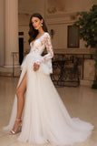 Ivory Tulle A Line V Neck Flare Sleeves Sweep Train Wedding Dress with Lace