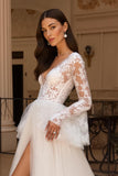 Ivory Tulle A Line V Neck Flare Sleeves Sweep Train Wedding Dress with Lace