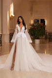 Ivory Lace Appliqued V Neck Tulle A Line Court Train Wedding Dress with Slit