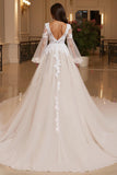 Ivory Lace Appliqued V Neck Tulle A Line Court Train Wedding Dress with Slit