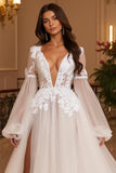 Ivory Lace Appliqued V Neck Tulle A Line Court Train Wedding Dress with Slit