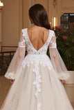 Ivory Lace Appliqued V Neck Tulle A Line Court Train Wedding Dress with Slit