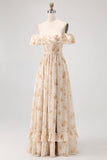 Champagne Floral Ruffled Corset A Line Bridesmaid Dress With Slit