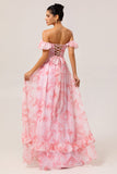 Champagne Floral Ruffled Corset A Line Bridesmaid Dress With Slit