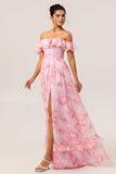 Champagne Floral Ruffled Corset A Line Bridesmaid Dress With Slit